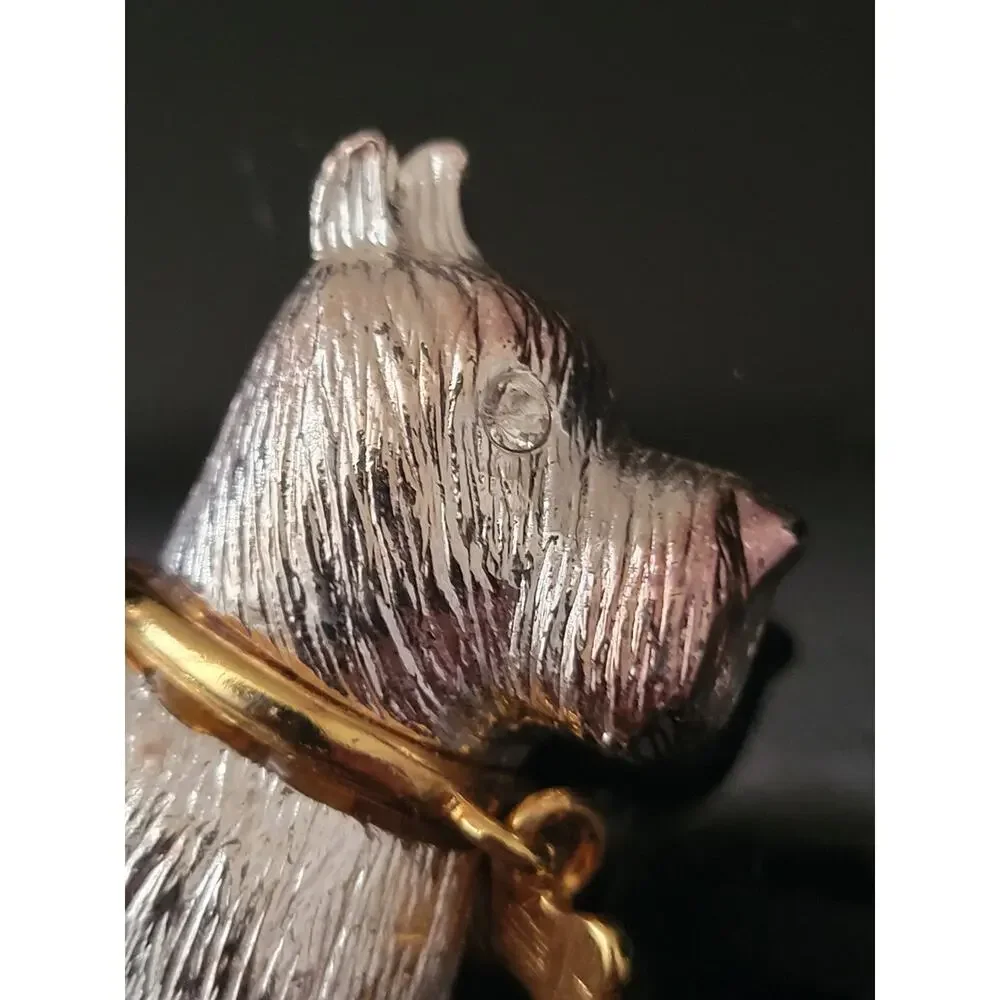 Terrier Scotty Dog Brooch Pin Silver Color Gold Trim Rhinestones Dog‎ Collar Eye